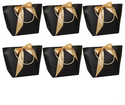 6 schwarze Papiertüten mit goldenem Schleifenband und Griff, Kartonboden zum Aufstellen, geeignet für die Aufbewahrung von Süßigkeiten und kleinem Veranstaltungszubehör