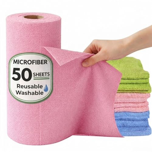 Simple Choice Microfiber Cleaning Cloth Roll – 50 Tear-Away Sheets, 100+ Washes Reusable Towels, Super Absorbent, Lint-Free Paper Towel Alternative for Kitchen, Home & Car (Pink)