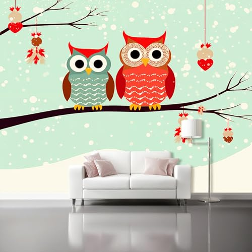 Fototapete 300 x 210 cm 3D Vliestapete Wandbild, Minimalistische Niedliche Eule Mustertapete Wandtapete, Wohnzimmer Schlafzimmer Tapete Mädchenzimmer Spielzimmer Kindertapete Wanddeko, Hellgrün