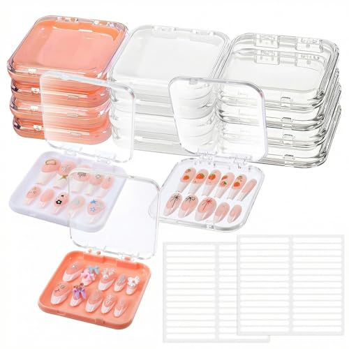 12 cajas de embalaje de uñas postizas con cinta adhesiva, cajas de almacenamiento de acrílico para uñas postizas para uso doméstico y salón de uñas (transparente, rosa, blanco)