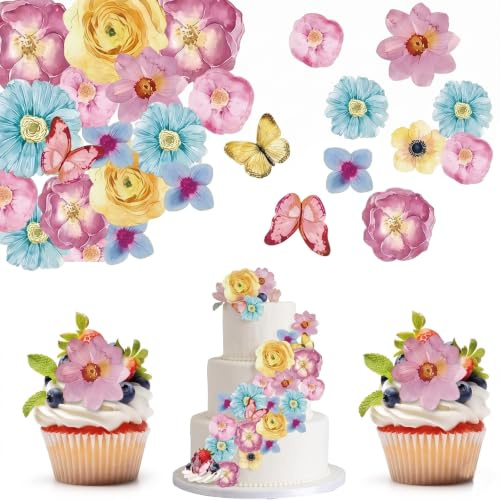 BIVYAX 102 Piezas Flores para Tartas, Hojas de Flores en Papel, Decoraciones Primaverales para Bodas, Cumpleaños y Fiestas, Adorno Elegante para Pasteles y Postres
