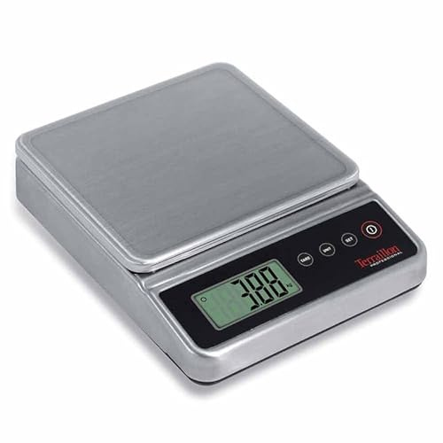 TERRAILLON - Pro 5 - Balance de Cuisine électronique Professionnelle, Large Plateau Anti Traces et Amovible INOX 24.5 x 18.5 cm, IP67, capacité Max 5kg Mini 10g, Graduation 1g, Ecran LED - INOX