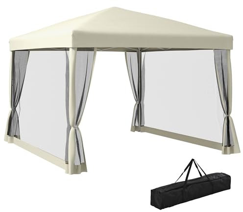 Outsunny Tonnelle Barnum Pliant Pop-up imperméabilisé Style Colonial 3L x 3l x 2,55H m 4 moustiquaires + Sac de Transport Beige Noir