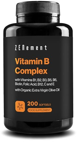 Vitamin-B-Komplex – Bessere Aufnahme mit Bio-Olivenöl – Mit den Vitaminen B1, B2, B3, B5, B6, B9, B12, Biotin, C und E – 200 Weichkapseln – Zenement