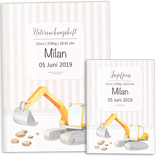OLGS U-Heft Hülle Set Baustelle Bagger Untersuchungsheft Hülle & Impfpasshülle schöne Geschenkidee personalisierbar mit Namen, Geburtsdatum (U-Heft Set personalisiert, Bagger)