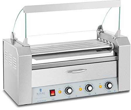 Royal Catering Grill À Saucisses Machine A Hot Dogs Chauffe-Saucisses Hot Dog RC-RG5DC (1160 W, Pour 8 Saucisses, 2 Zones De Chauffe, Tiroir chauffant, Inox)