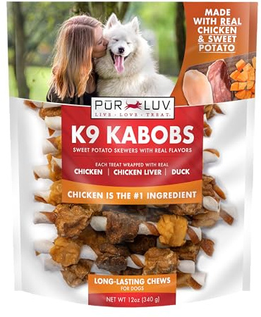 Pur Luv Dog Treats, K9 Kabobs Made with Real Chicken, Duck, and Sweet Potato, 12 Ounces, Dog Snacks, Healthy, Easily Digestible, Long-Lasting, High Protein Treat, Satisfies Urge to Chew