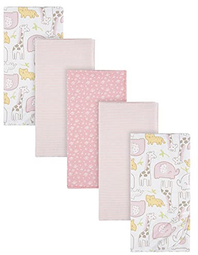 Gerber Girls Newborn Infant Baby Toddler Nursery 100% Cotton Flannel Receiving Swaddle Blanket, Pink Safari, Pack of 5