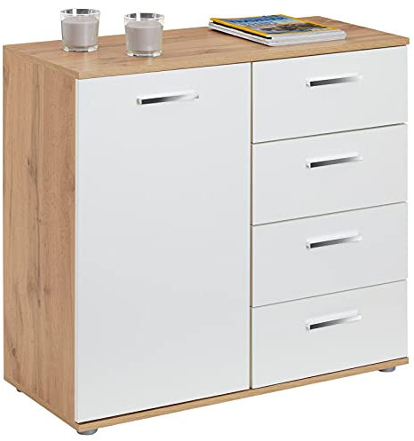 CARO-Möbel Kommode Sideboard Schrank Chicago in Wotan Eiche/weiß, mit 1 Tür und 4 Schubladen Highboard