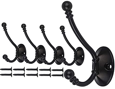 Mokife 5 Stück Wandhaken Vintage Schwarz, Kleiderhaken Doppelt Retro Groß Haken Metall Schwerlast für Tür, Wand, Holz, Garderobe
