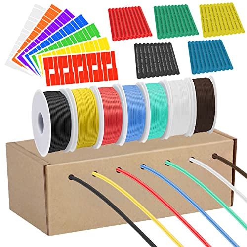 DAOKAI Filo in silicone calibro 26 600V 26 AWG Fili in rame stagnato intrecciati 7 colori (nero, rosso, giallo, verde, blu, bianco, marrone) 10 m / 33 piedi Ciascun kit di cavi di collegamento
