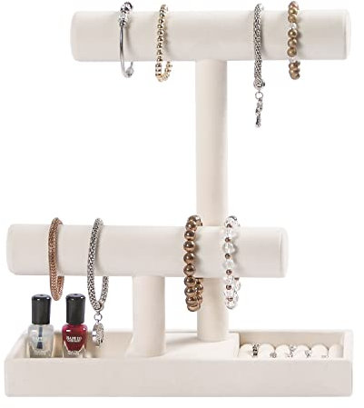 Pengup Schmuck-Organizer mit 2 Ebenen, Armband-/Halskettenständer mit Ringablage, beigefarbener Samt, Schmuckdisplay für Mädchen.