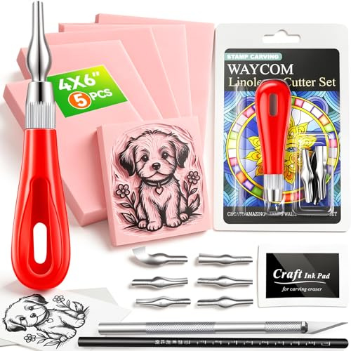 WAYCOM Paquete de 5 bloques de linóleo para impresión: kit de linóleo con herramientas y tinta - Bloques de tallado de goma de 4 x 6 - Suministros de manualidades para principiantes y aficionados