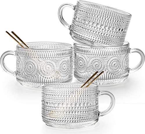 Gutsdoor Lot de 4 tasses à café vintage en verre transparent gaufré de 414 ml, tasses empilables avec cuillère dorée pour céréales, latte, thé, boissons (2 fleurs + 2 perles)