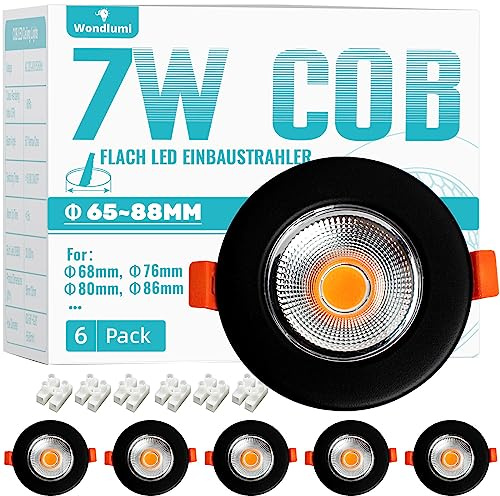 Wondlumi 6er LED Einbaustrahler 7W Set LED Spot Rund 2700K Warmweiß Deckenspots Schwarz Matt 600LM 65-88mm Lochmaß für Schlafzimmer Wohnzimmer