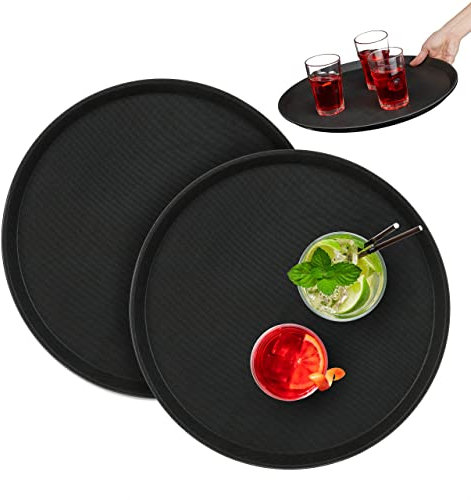 Relaxdays Set 2 Bandejas Bar, Redondas 40 cm Ø, Tabla Servir, Superficie Antideslizante, Camareros, Gastronomía, Negro