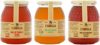 L'Abella Mel - Pack 3 pots de Miel d'Amande, Fleur d'Oranger et Thym -100% Naturel | Miel d'abeille pur - Collecté artisanalement sur la Costa Blanca, Espagne - Sans gluten -3000g