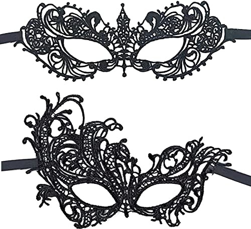 QincLing 2 Stücke Schwarz Spitze Maskerade Maske Damen Sexy Augenmasken Venezianische Masken für Karneval Party Kostüm Maskenball Frau Mädchen