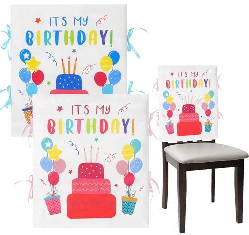 Weldomcor Geburtstags Stuhlhusse 2 Stück Geburtstags Stuhlbezug für Klassenzimmerstuhl Geburtstagsstuhlabdeckung für Kuchen Luftballons Stuhlhussen für Kinder Stuhldekorationen für die Heimschule