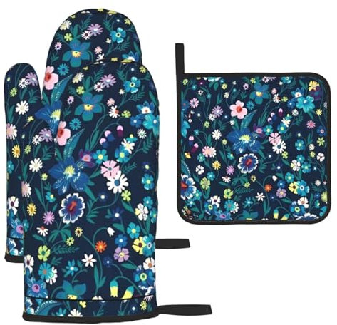 Moonlight Garden - Set di 3 guanti e presine antiscottatura per cucina, cottura e grigliata, regalo di Natale per la festa della mamma