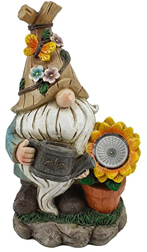LYEAA Statua a forma di gnomo da giardino a energia solare, con luce a LED, in resina, con fiore giallo, statua nana, artigianato, cortile, patio, decorazione