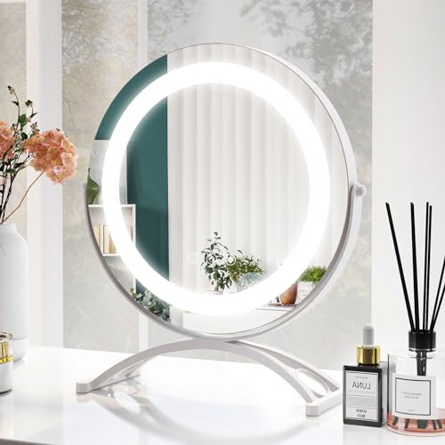 COSTWAY Hollywood Vanity Mirror with Lights, 3-Color Dimmable LED Lighted Tabletop Makeup Mirror with 360° Rotation, Smart Touch Screen and Memory Function, Round Dressing Table Mirror (300mm Diam)