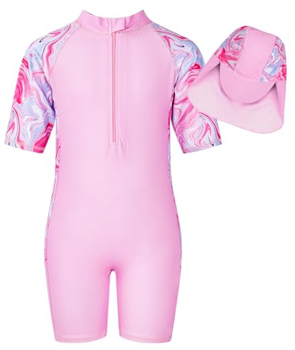 JiAmy Girls Swimming Costume One Piece Swimsuit Long Sleeve Zipper Swimwear UV Sun Protection Rash Guard Bathing Suit Mermaid Swimming Suit with Swim Hat for Girls Pink 5-6 Years