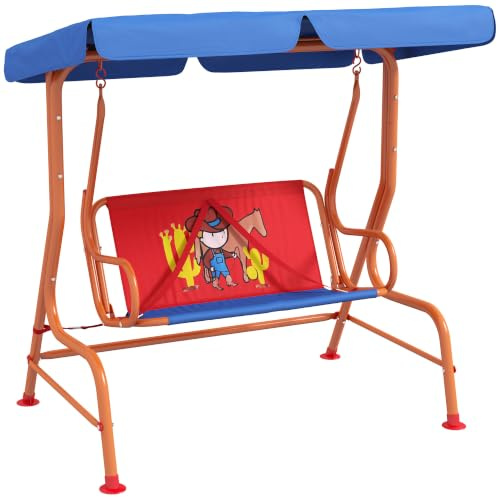 Outsunny 2 Seat Kids Swing Chair with Adjustable Canopy Red and Blue | Cowboy Themed Double Kids Garden Swing Bench, Safety Belts, Patio, Park, Porch, Ages 3-6 Years