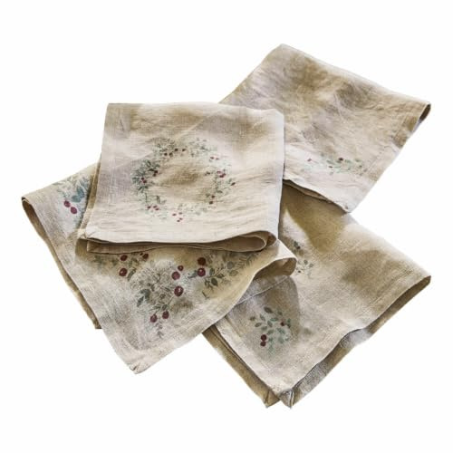 LOBERON Serviette 4er Set Lenius, leinen | mit Stechpalmen- und Mistelzweigmotiven - Leinenserviette - Weihnachtsdinner - Weihnachtliche Textilien - Weihnachten