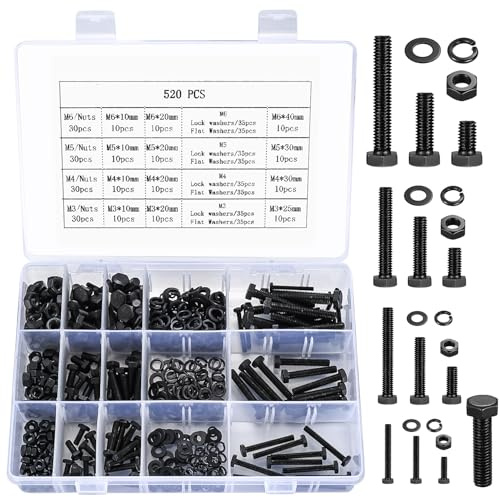 520 Stk Sechskantschrauben und Muttern Set, M3/M4/M5/M6 Kohlenstoffstahl Sechskant Schrauben Muttern und Unterlegscheiben Set, Maschinenschrauben Gewindeschrauben mit Vollgewinde (Schwarz 520)