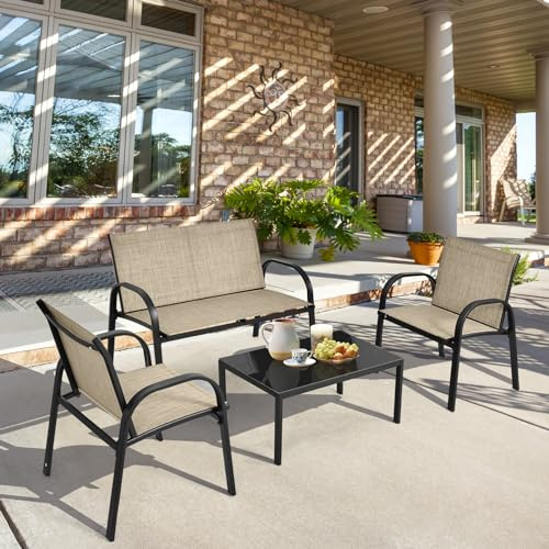 GIANTEX Set da Giardino 4 Posti, composto da Tavolino, Panca e 2 Sedie, Rivestimento in Textilene, Mobili da Esterno Comodi per Giardino e Terrazzo