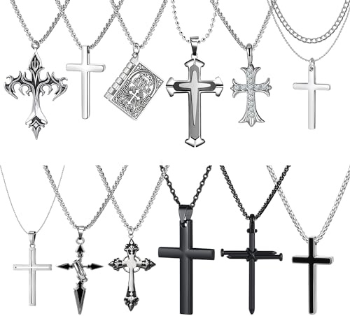 ywevyezc 12/24PCS Cross Necklace for Men, Mens Necklaces Jewelry Set Silver Chain Stainless Steel Cross Pendant Goth Necklace for Boys 16-24 inches Chain