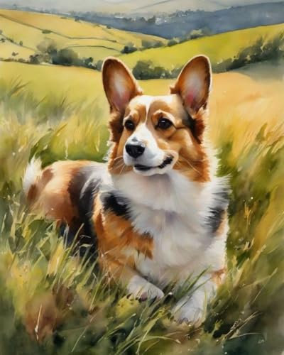 ZMHZMY Malen nach Zahlen Corgi, schöne Felder Painting by Numbers Kit DIY ölgemälde Kit für Erwachsene,Anfänger Painting Set 16x20 Zoll Leinwanddruck Wandkunst Dekoration