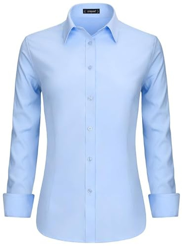Stamain Bluse Damen Langarm Basic Hellblaue Hemdbluse Slim Fit Arbeitshemden V-Ausschnitt Damen mit Knopleiste 2XL