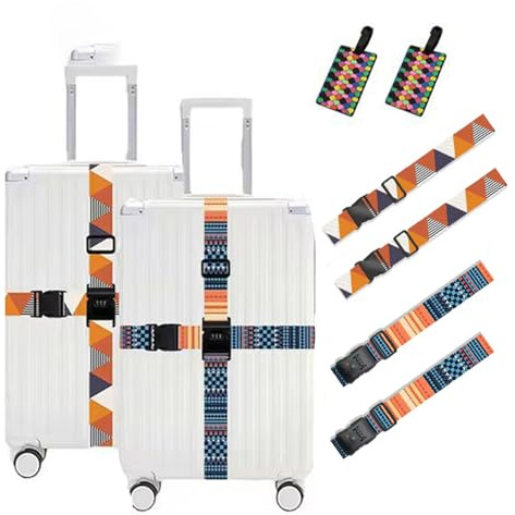 pdodo Koffergurt mit Zahlenschloss, 4 Stück Koffergurt mit 2 Gepäckanhänger, Kofferband, Einstellbare Suitcase Strap, Adjustable Multifunktional Luggage Strap, Kofferband mit Schloss