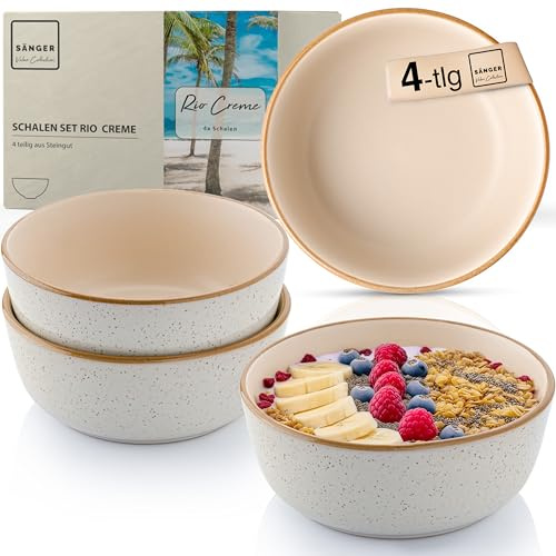Sänger Rio Creme Steingut Schüssel Set 4 teilig, Müslischalen für 4 | 4 Personen, Schalen multifunktional, kratz- mikrowellen- spülmaschinenfest, Tiefe Teller cremefarben 600 ml