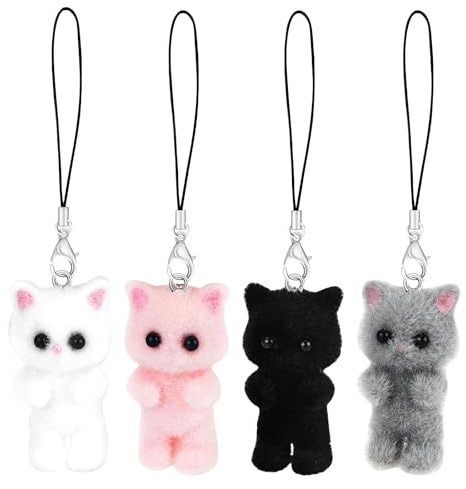 GlamRays Pack of 4 Cat MobilePhone Pendants Aesthetic Y2K Charm, Cute Lanyard String, Cat Cute Keychain Koi Carp for Mobile Phone Bag, Key Ring, Beads and Acrylic Materials