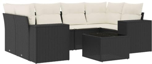 HETFTJN Balkon Eckbank Gartenlounge Sofas & Couches Küchensofa - 7-TLG. Garten-Sofagarnitur mit Kissen Schwarz Poly Rattan für Balkon Garten Schwimmbad Speisesaal