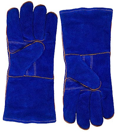 Guanti da saldatura in pelle, resistenti al calore, per forno saldatore, manipolazione animali, barbecue, blu, 35,6 cm