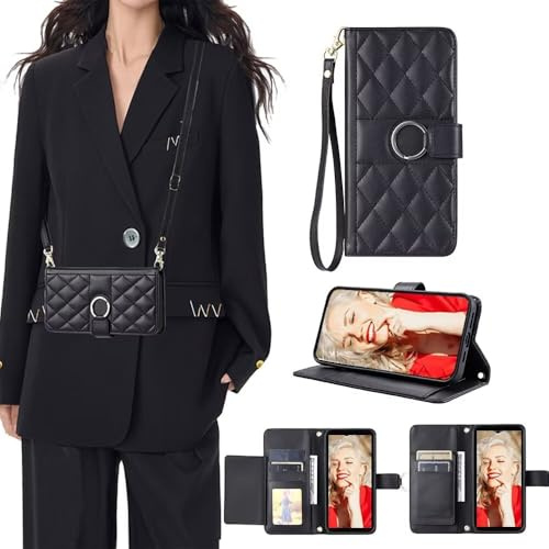 SEHEYA Compatible with iPhone 11 Crossbody Wallet Case PU Leather Adjustable Lanyard Wrist Strap Women Mobile Phone Purse Large Capacity Card Holders, Black