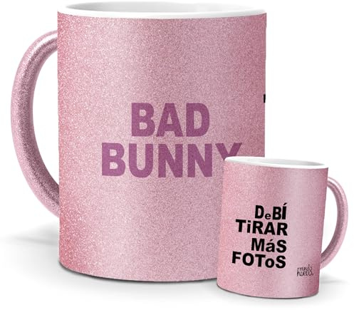 mundohuevo Tazas Únicas | Bad Bunny | Edición Especial Purpurina Rosa | Mensaje Auténtico para Fans de Cantantes | Debí tirar más Fotos | Taza Rosa de Bad Bunny