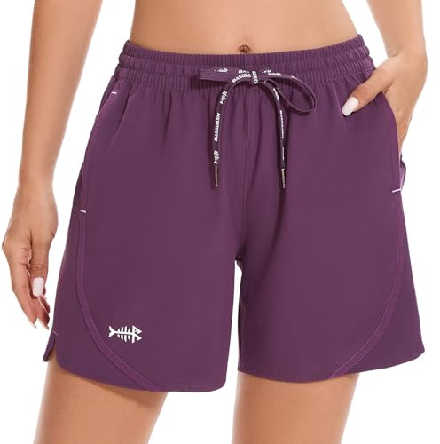 Bassdash Dam 5 tum fiskeshorts UPF 50+ vattentåliga snabbtorkande atletiska vandringsshorts med fickor FP05W, Sviskon lila, XXL