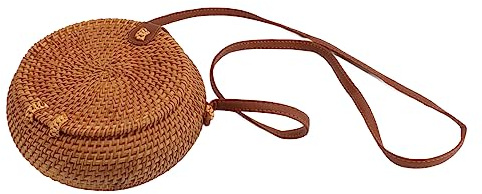 Ratt Rottingväska för Kvinnor, Handvävd Rottingväska, Korgväska Tropisk Strandstil Handgjorda Crossbody Väska Axelväska med 20 Cm Diameter Läderband (Naturlig färg oval med foder)