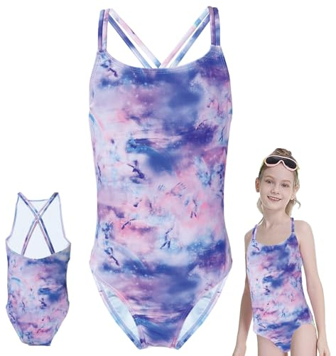 Maillot de Bain Une Pièce pour Fille,Vêtements de Plage Fille avec Bretelles Croisées dans Le Dos,Motif Violet de rêve,pour 9 Ans/128-134cm