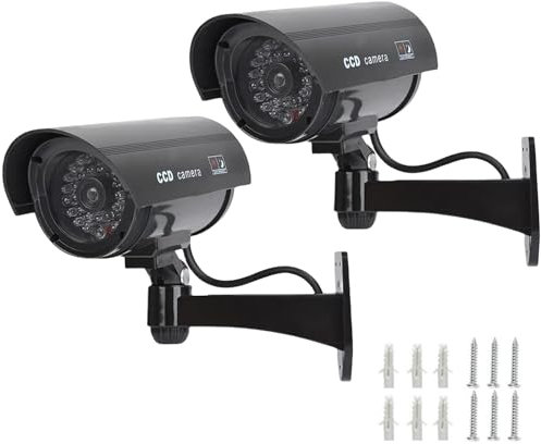 Dummy Cameras Fake CCTV 2PCS, Dummy Fake Security CCTV Camera Simulation Monitor with Flashing LED, Dummy CCTV Cameras Outdoor Indoor, Bullet Shape Dummy Fake Camera Waterproof (2 CCTV Signs + Screws)