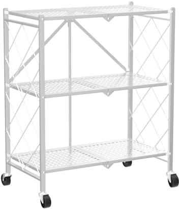 Klappregal Schwerlastregal 3 Etagen mit Rollen, 71,5 x 36,5 x 87cm, Weiß | Getränkekisten Regal,Servierwagen Haushaltsregal Standregal Faltbare Aufbewahrungswagen, Metallregal für die Küche, Büro