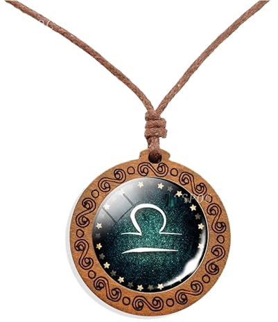 UBBVPKY Halskette Mit 12 Sternzeichen Modische Halskette Mit Anhänger Aus Geflochtenem Holz Und Wachslederband Damen/Herren Horoskop Himmlischer Astrologie-Schmuck Geburtstagsgeschenk Für Waage