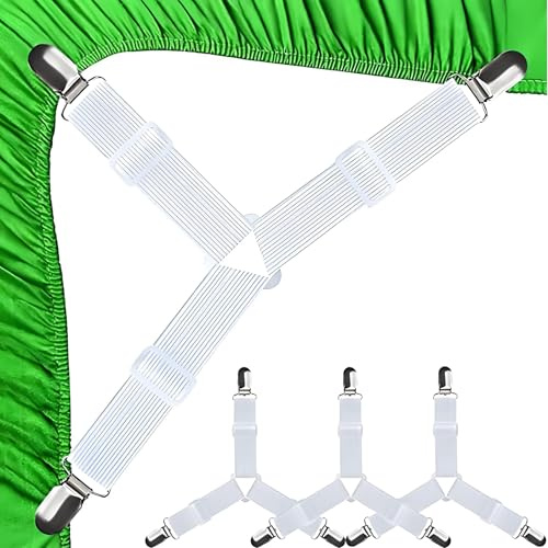 4 Pcs Attache Drap Housse, Tendeur Drap Housse, Attache Sangle De Maintien Ajustable Avec Pinces Métalliques, Porte-Drap-Housse Pour Draps De Lit, Housses De Matelas, Coussins De Canapé (Blanc)