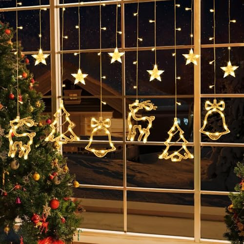 VIPNAJI Lichterkette Weihnachten mit 12 LED Sternen Weihnachtsmuster,138 Leuchten Fenster LED Lichtervorhang mit 8 Modi, weihnachtsbeleuchtung weihnachtsdeko Innen & Außen für Weihnachten,Warmweiß