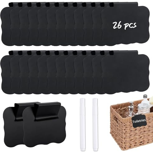 26 Stück Etikettenhalter Clips Schwarz für Aufbewahrungskörbe mit 2 Stück Whiteboard Marker PVC Label Halter Set für Regal Organisationsbox Küche Lagerung
